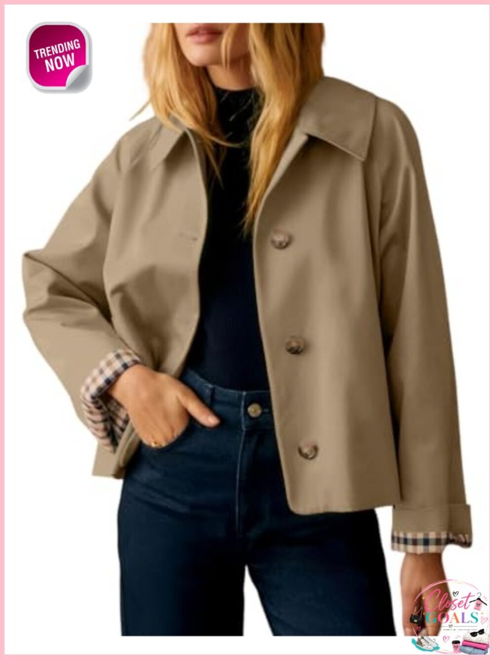 Women Trench Coat Plaid Lining Button Down Crop Jackets with Pockets